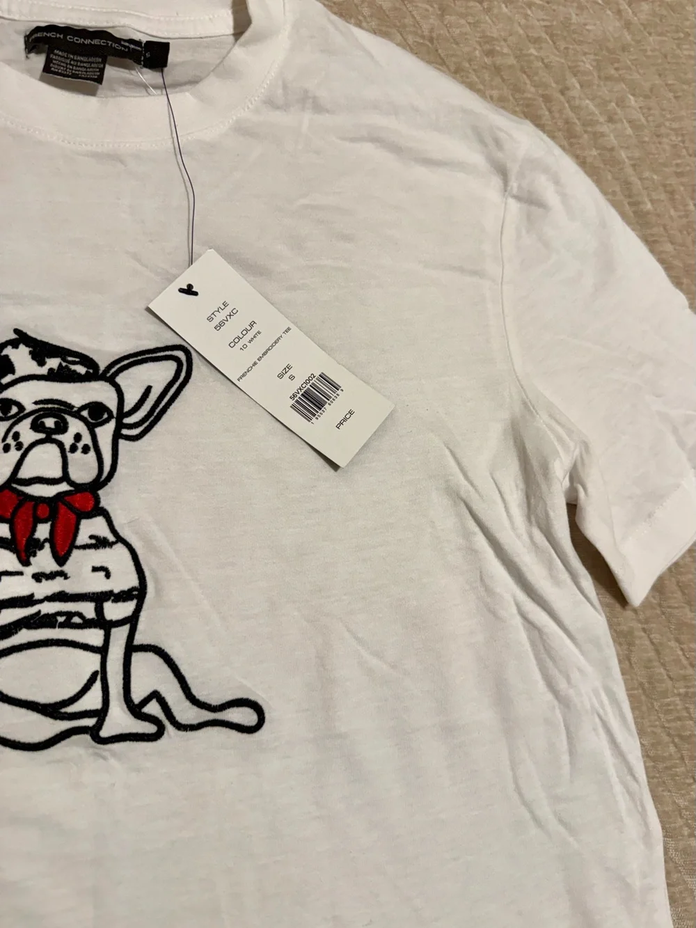 French Connection White Tee with Black Dog Outline and Red Accent